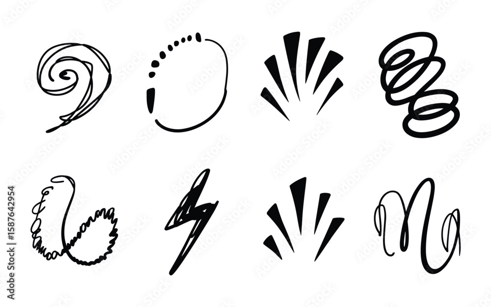 Obraz premium Abstract Motion Symbol Set – Black Silhouettes of Spirals, Fans, Waves, and Energy Shapes