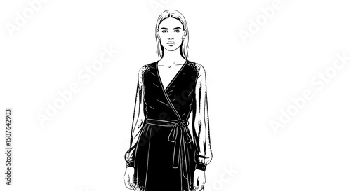 Woman in wrap dress hand drawn sketch. Fashion model long sleeve dress, tied waist line art style. Stylish beauty graphic illustration.