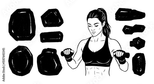 Woman working out with weights chalk drawn set. Fitness girl exercising for strength, gym, training.