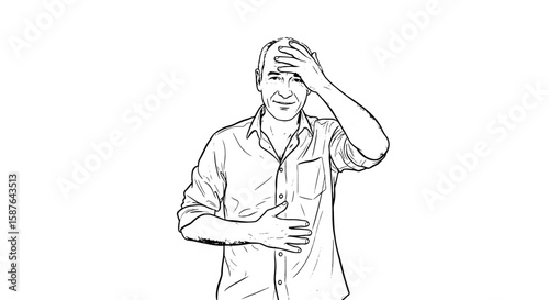 Man drawing line sketch with hand on head and chest, expressing frustration.
