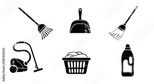 Cleaning supplies brush grunge element set. Home clean vector icons: broom, dustpan, vacuum, laundry, soap. Hand drawn vector illustration.