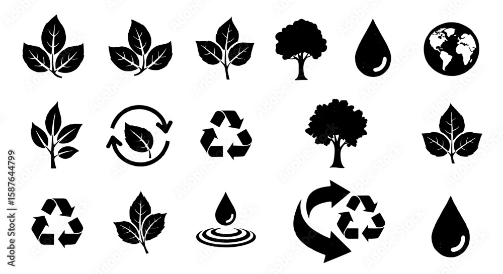 Fototapeta premium Eco icon vector set. Eco-friendly, leaf, recycle, water drop, planet icon vector draw hand drawn sketch doodle brush. Simple abstract botanical silhouette set vector illustration