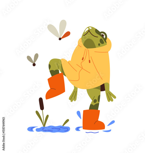 Cute little frog in raincoat and rubber boots walks through puddles. Happy green toad in waterproof coat strolls under rain. Adorable amphibian. Flat isolated vector illustration on white background