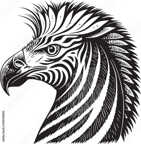 Vintage Black and White Bald Eagle Illustration – 19th Century Etching Style Bird of Prey Portrait
