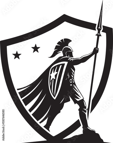 Monochrome Bearded Man Portrait in Shield Emblem – Vintage Heraldic Style Illustration
