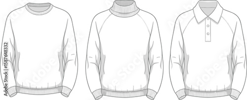 Men sweatshirt polo turtleneck flat sketch, technical clothing vector template, fashion cad drawing, raglan sleeve apparel illustration