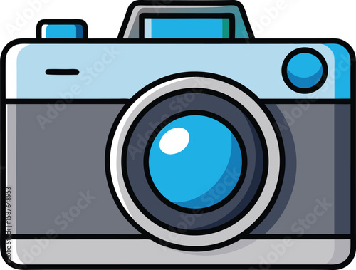 Modern Compact Digital Camera with Blue Accents and Large Lens