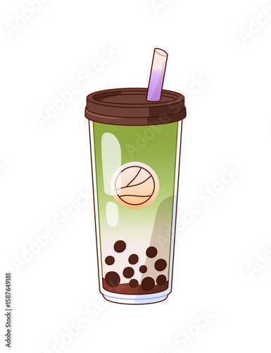 Bubble tea with matcha. Glass of soft drink with mate and coffee tapioca. Iced refreshing beverage with straw. Cup of milkshake with bobas. Flat isolated vector illustration on white background