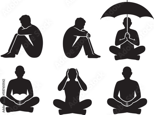 Black silhouettes of people in various contemplative poses person sitting