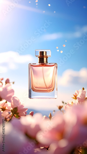 A perfume bottle surrounded by pink flowers against a bright sky.