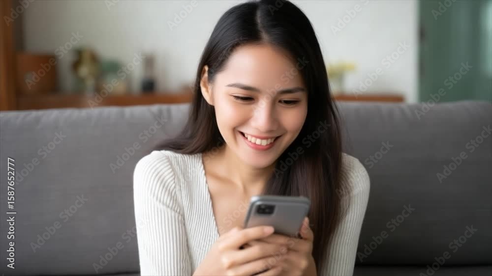 An Asian woman is smiling while watching her smartphone An Asian woman is smiling while watching her smartphone