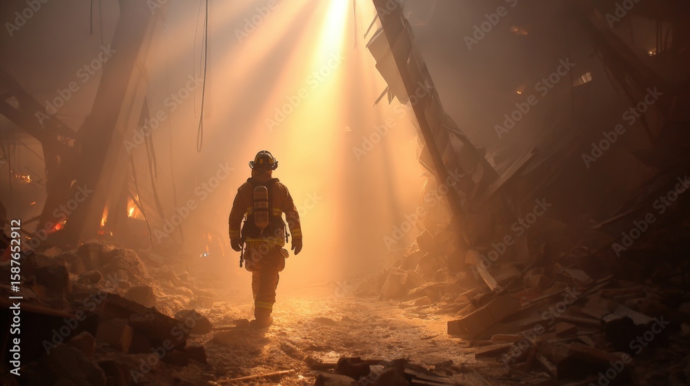 Fototapeta premium A firefighter walks through a smoky, debris-filled scene with beams of light filtering through, highlighting bravery and resilience in a disaster setting.