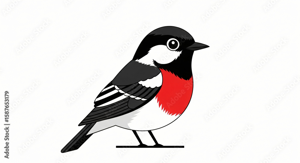 Obraz premium A cartoon bird with black head and wings and a red breast standing against a white background image