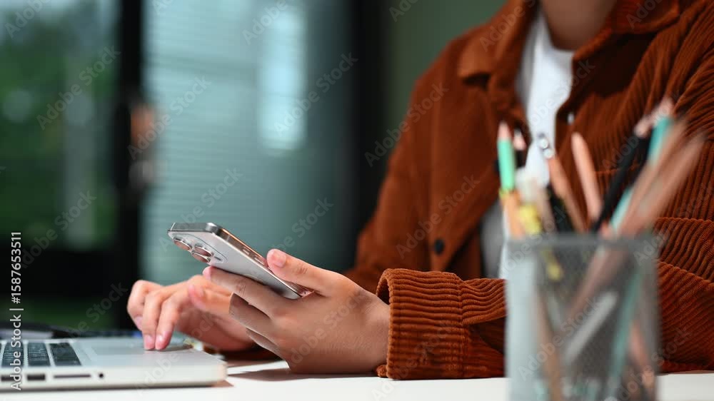 Businessman hand working digital marketing media in virtual screen with mobile phone and modern compute