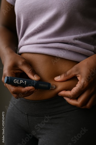 A person self-injects GLP-1 medication into their belly using an injector pen, which is labeled GLP-1, indicating semaglutide for weight loss