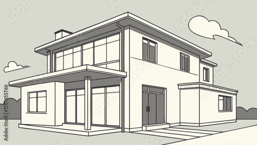 Modern house design illustration, architectural drawing for home blueprint and building construction project plan