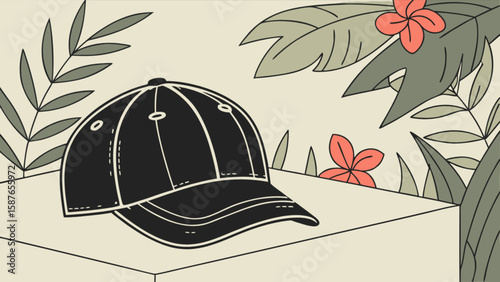 Black baseball cap on display with tropical foliage background fashion accessory headwear style graphic