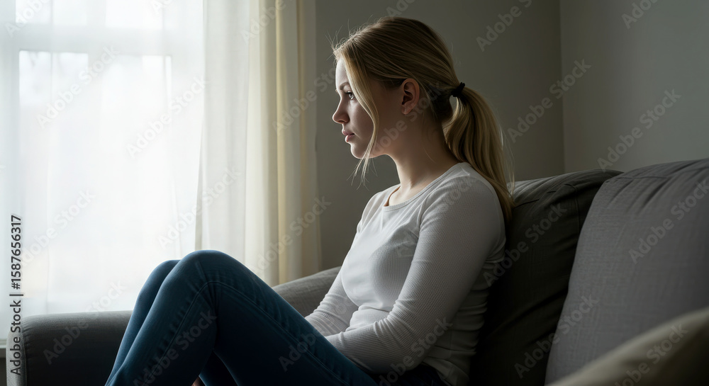 Thoughtful young woman sits alone, pensive mood, indoor setting, natural light. Thoughtful young woman sits alone, pensive mood, indoor setting, natural light.
