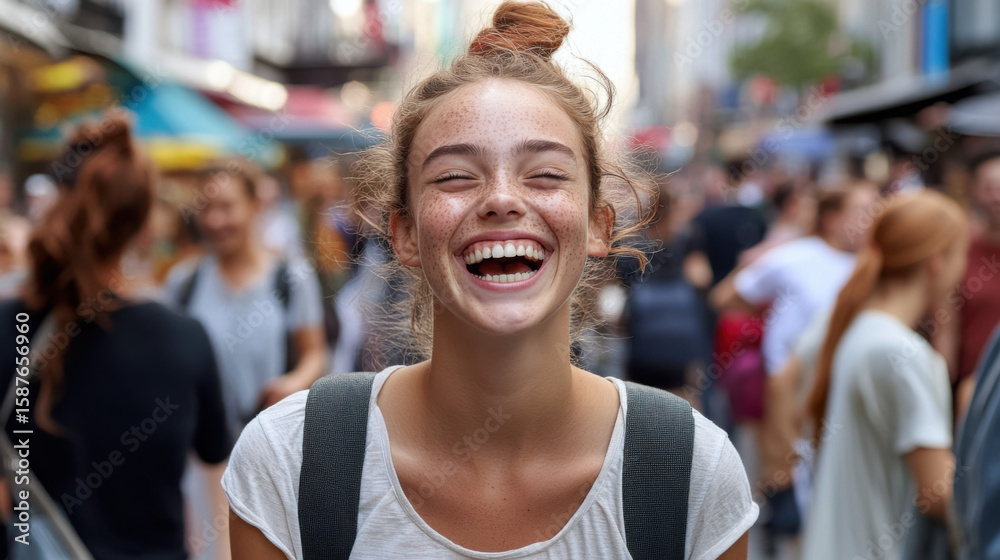 Fototapeta premium Close-up of a young woman with freckles, laughing freely as she walks through a busy city street. 