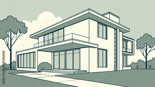 Modern house design illustration with architectural details and landscaping for real estate marketing