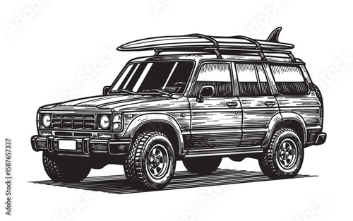 Vintage car with surfboard woodcut engraving vector illustration
