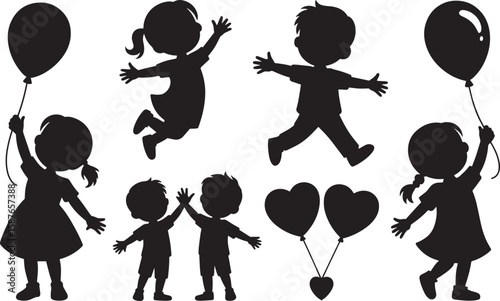 Children silhouettes playing with balloons happy