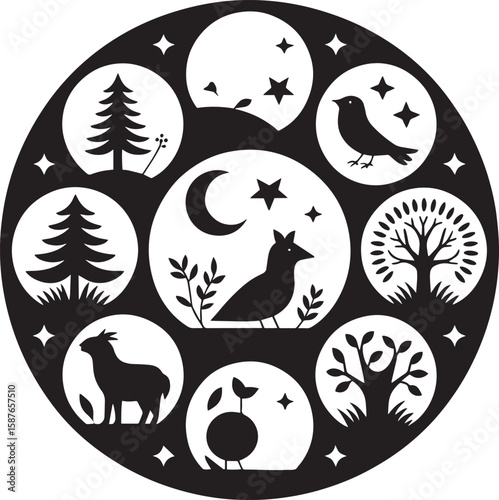 Circular nature scene with animals trees moon stars vector