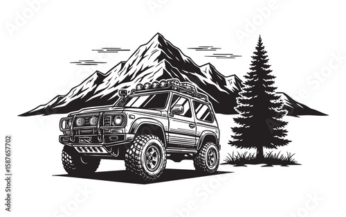 SUV off-road in mountains woodcut engraving vector illustration