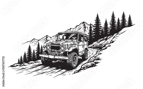 Off-road car in mountains landscape woodcut engraving vector illustration