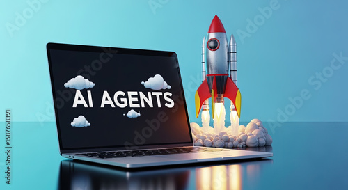 AI Agents Launch: Laptop Display with Cloud Graphics and Rocket Taking Off - Represents Innovation, Technology, and Future of Artificial Intelligence