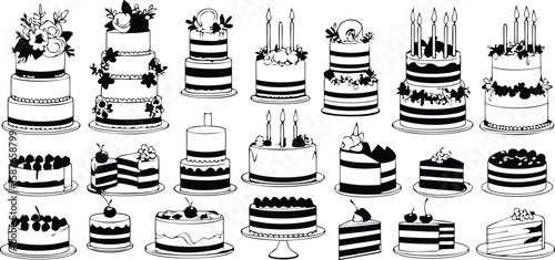 Elegant wedding cakes, birthday cakes with candles, fruit-topped cakes, frosted layers, sliced desserts, and whipped cream designs make these black and white cake icons ideal for party and bakery Icon
