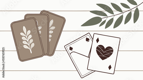 Playing cards and tarot cards with botanical elements illustration for game night and fortune telling concept
