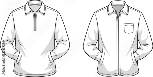Front View Vector Fashion Sketch of Two Casual Jackets with Zipper and Pocket Details, Apparel CAD Template, Technical Flat Drawing