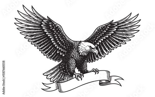 Eagle with blank banner emblem woodcut engraving vector illustration
