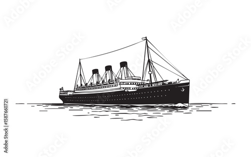 steamship at sea woodcut engraving vector illustration