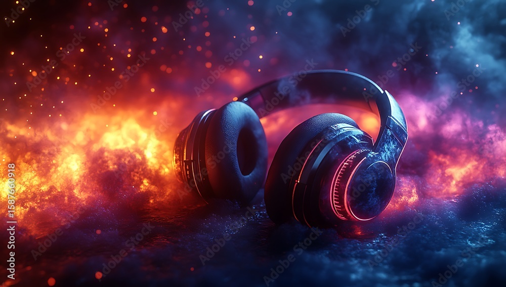 Fototapeta premium Futuristic headphones on fiery background with glowing red and blue