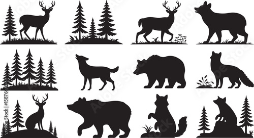 Deer wolf bear fox forest woodland silhouettes vector
