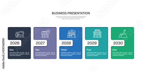 Five Year Business Growth Timeline with Milestones for Presentation. Infographic frame desgin. Illustration Vector.