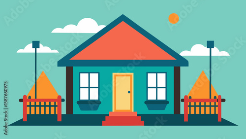 An illustrative cartoon home or building design, whether nestled on a hill or within a forest landscape, represents real estate architecture and property development with a charming roof and door symb