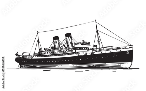 steamship at sea woodcut engraving vector illustration
