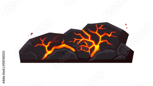 Illustration of lava rock formation, volcanic rock with lava cracks, geology and volcanism concept art