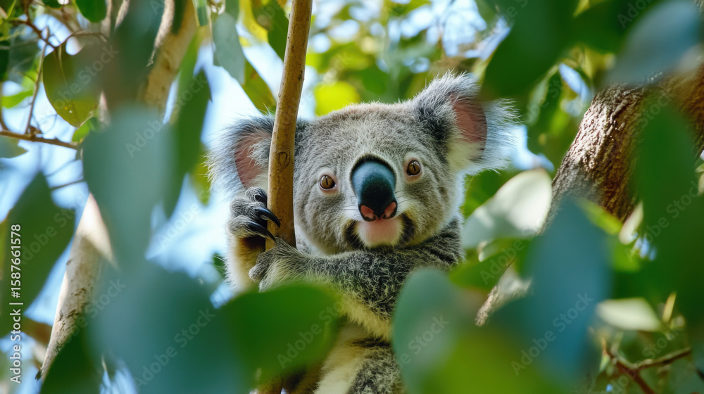 Obraz premium Koala climbing through the branches of a eucalyptus forest, blending into the natural greenery. 