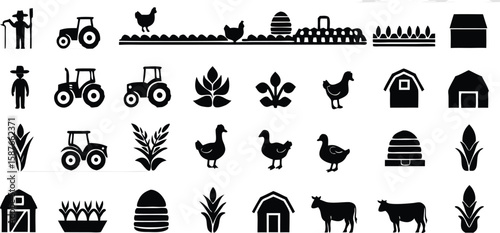 A bold farm icon pack containing farmers, tractors, chickens, ducks, barns, crops, wheat, hives, and plant icons to represent agriculture, livestock, and harvest themes in silhouette style Icons.