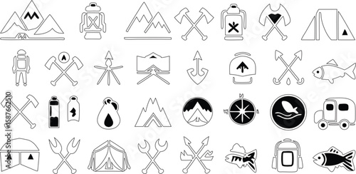 This camping and hiking icon set features tents, campfire, backpack, fish, mountain, compass, hooks, water bottles, hiking boots, axes, trailers, and marshmallow sticks in an outline style.