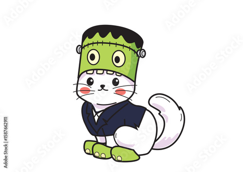 Adorable white cat dressed as Frankenstein with a green head and suit in playful Halloween theme