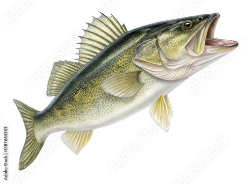 Detailed illustration of a walleye fish with its mouth open isolated on transparent background