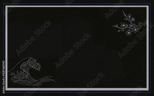 和柄の背景デザイン1　桜と波　黒
Japanese pattern background design 1: Cherry blossoms and waves, black