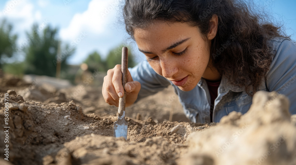 Naklejka premium Portrait of a female archaeologist of Middle Eastern descent, carefully examining an ancient bronze tool at a dig site.