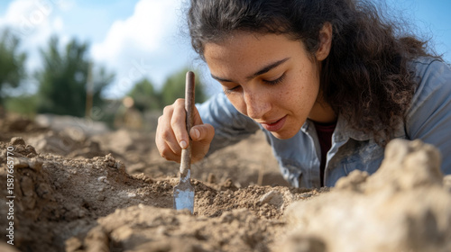 Portrait of a female archaeologist of Middle Eastern descent, carefully examining an ancient bronze tool at a dig site. 