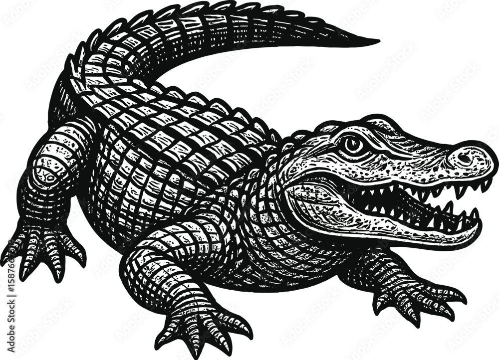 Fototapeta premium Black and White Alligator Illustration Detailed Scaly Reptile
